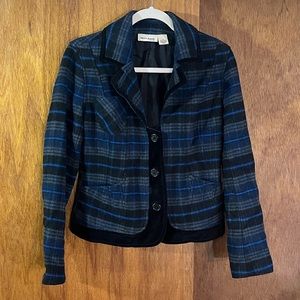 DKNY Black and Blue Plaid Wool Blend Blazer Sz M Petite